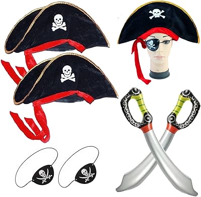 6 件加勒比海盗服装配饰:2 件骷髅印花船长帽,2 个眼罩,2 把海盗充气